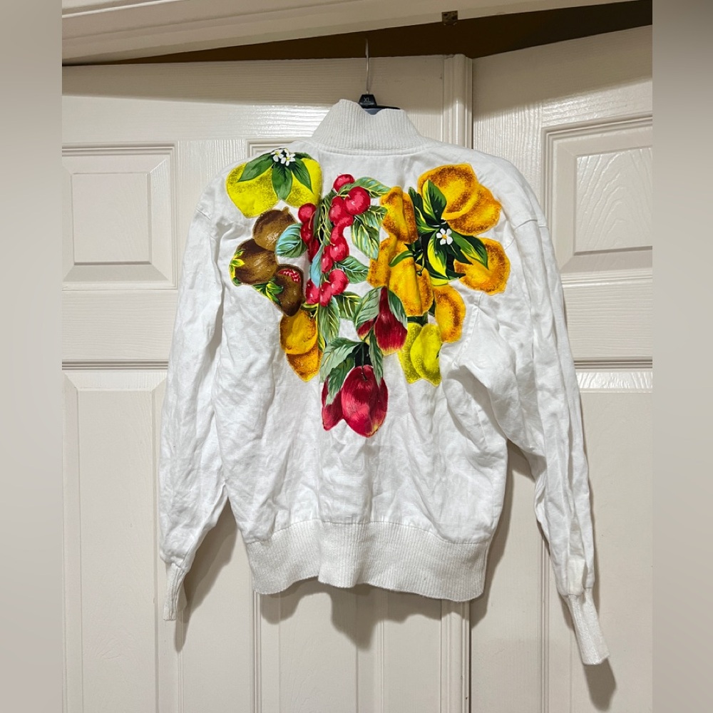 VNTG I.B. Diffusion white linen‎ Floral Print Women sz M Bomber Jacket artistic
